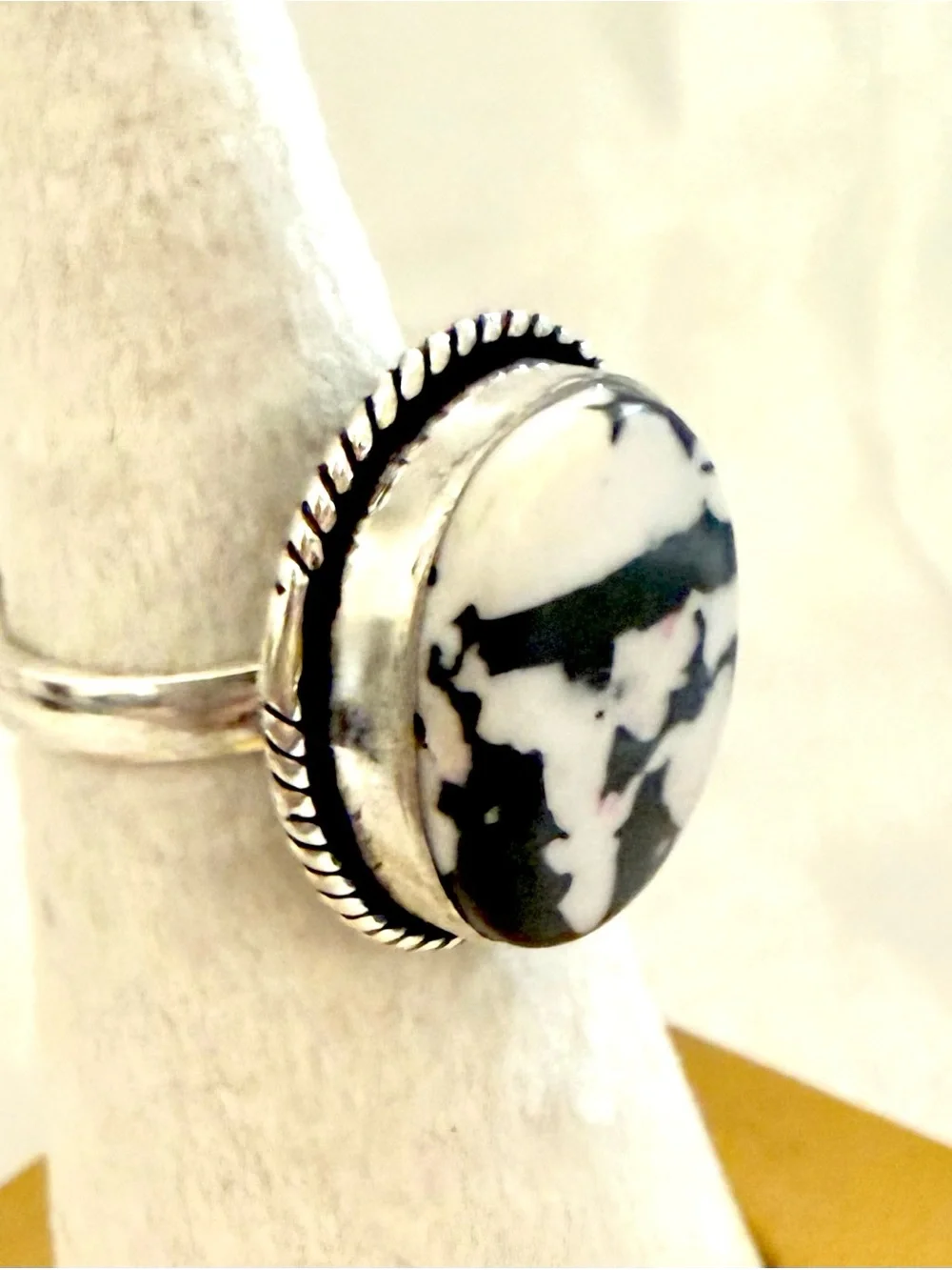 925 Sterling Silver Zebra Jasper Oval Boho Statement Ring Size 5.5